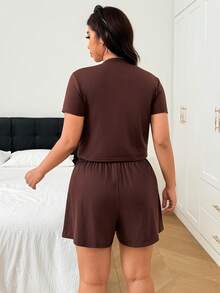 SHEIN EZwear 大尺碼夏季休閒純色T恤與短褲兩件套 - 鏽棕色 - 查看 2