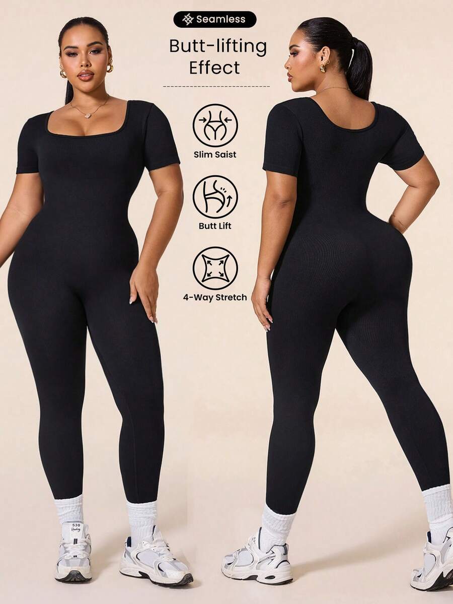 SHEIN Rhythm Era 女款大尺碼無縫羅紋修身運動連身褲,適合健身、瑜珈、跑步 - 黑色 - 查看 1