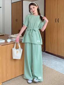 SHEIN Teen Girls 2pcs Set:Loose Raglan Sleeve Tie-Waist Letter Print Shirt + Wide Leg Pants,Summer,Casual,Family Matching For Spring Vacation Daily Wear - Mint Green - View 3