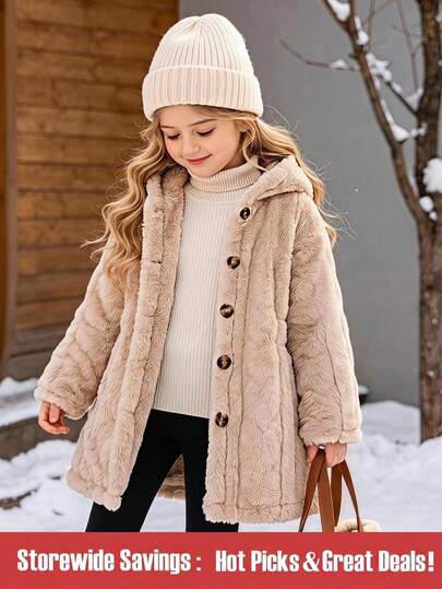 SHEIN Young Girl 1pc Warm Plush Hooded Long Sleeve Fluffy Fleece Jacket Classic Street Style Winter Fall Furry Coat Outerwear Back-To-School