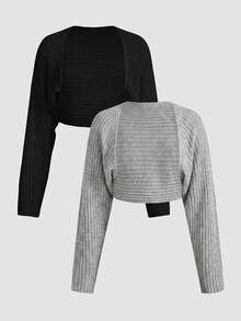 SHEIN Girlism 青少年女孩秋冬新款黑白休閒百搭極簡純色短版粗針羅紋針織開襟短開襟衫，防曬日常百搭開襟衫 - 灰色 - 查看 3
