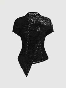 ROMWE Atasan Crop Top Robek Bergaya Gothic Punk Asimetris Motif Bunga Jala Patchwork untuk Wanita Ukuran Plus - Hitam - View 1