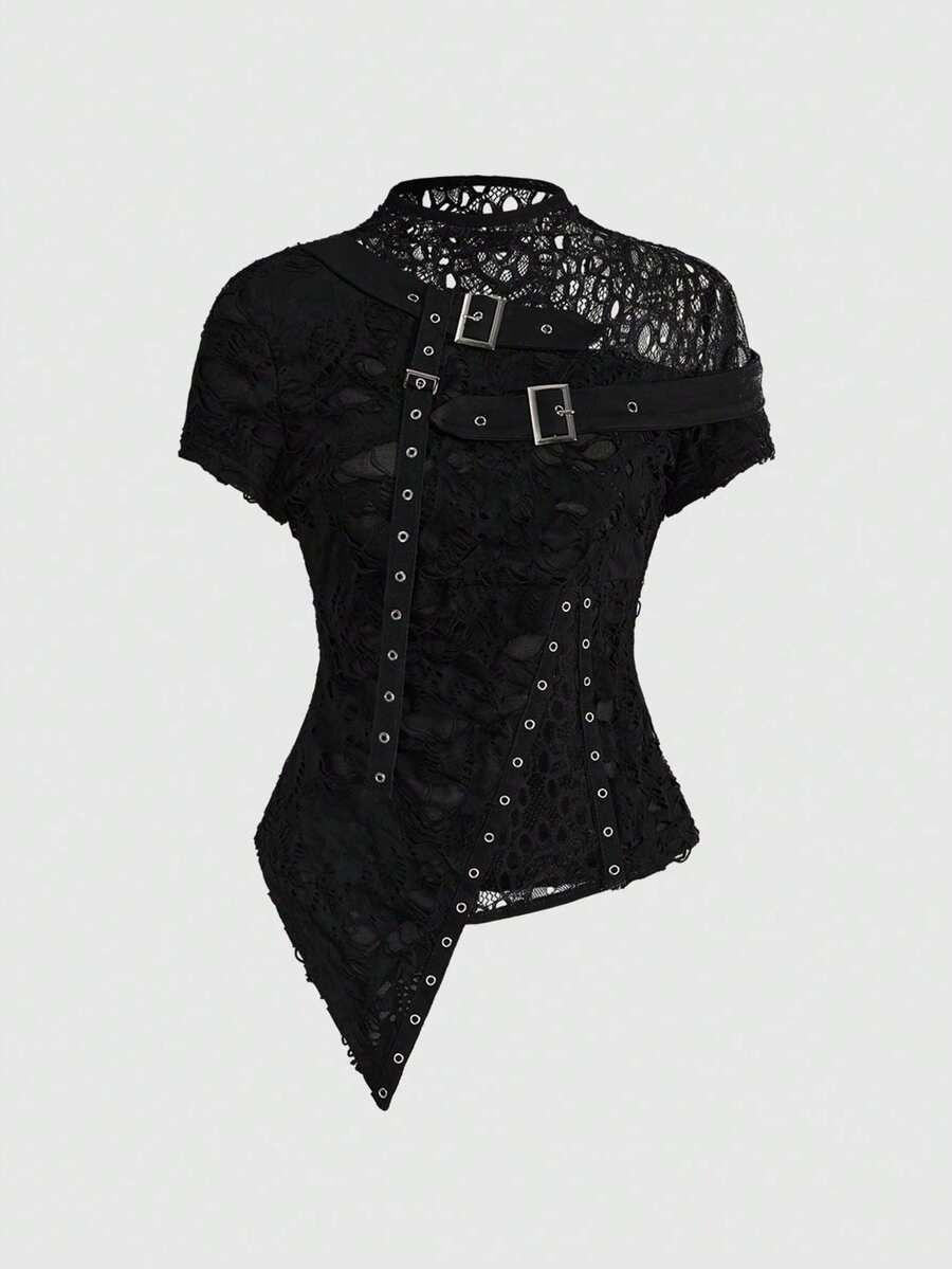 ROMWE Atasan Crop Top Robek Bergaya Gothic Punk Asimetris Motif Bunga Jala Patchwork untuk Wanita Ukuran Plus - Hitam - View 1