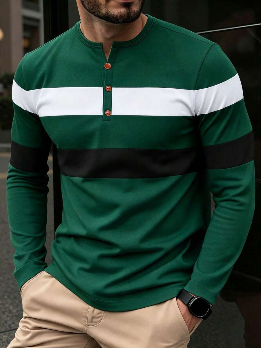 Manfinity Homme 男士條紋半開襟鈕扣長袖休閒T恤 - 彩色 - 查看 1