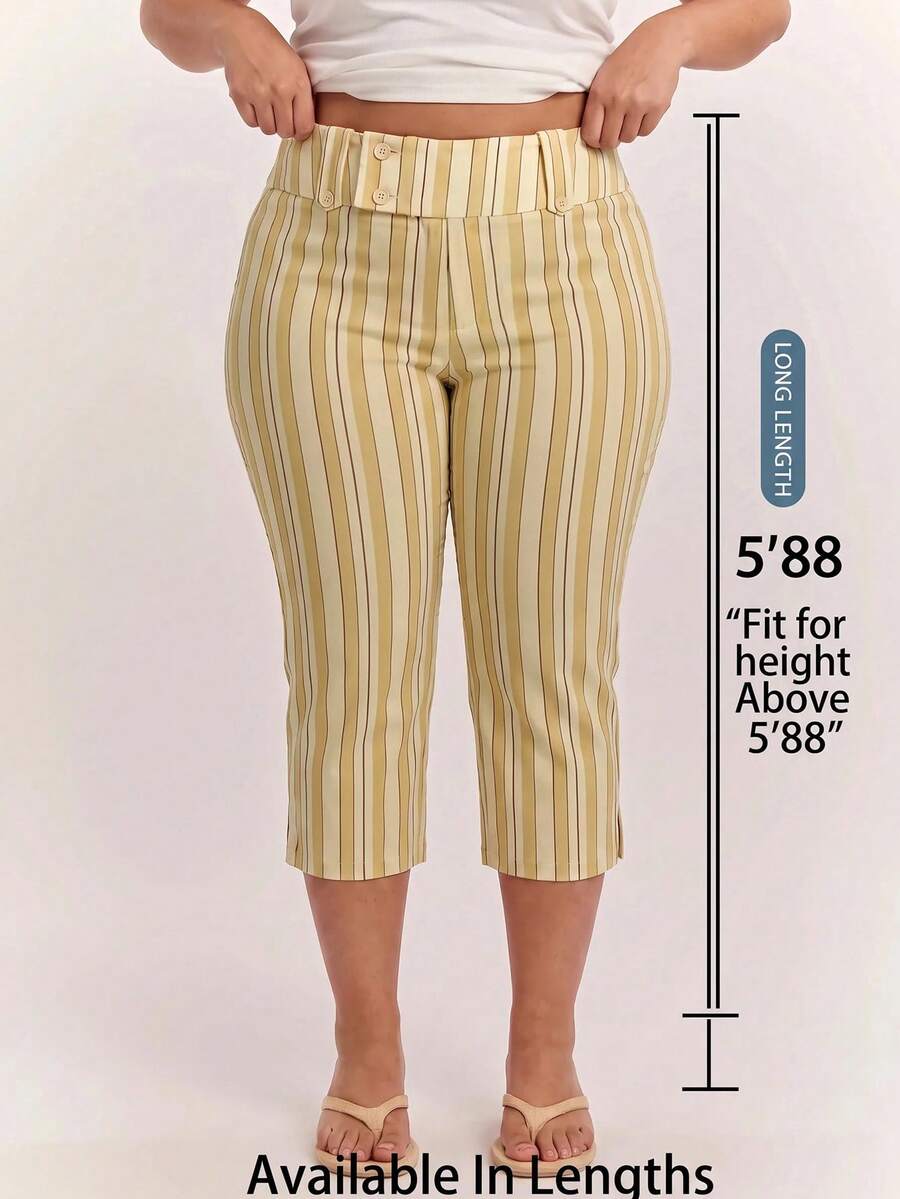 SHEIN Tall CURVE Plus Size Women's Striped Patchwork Casual Versatile Daily Wear Capris - Multicolor - View 1