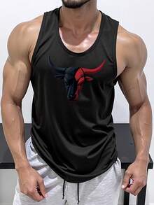 GymBeat 男士夏季休闲牛头印花运动健身背心，舒适透气宽松版型，适合健身房运动，轻便 - 黑色 - 查看 1