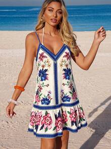 SHEIN Swim Vcay 女款春夏度假花卉印花細肩帶洋裝，附荷葉邊下擺 - 藍白色 - 查看 5