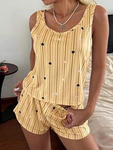 SHEIN Casual Underwear&Sleepwear 女款休閒針織背心與短褲條紋愛心印花睡衣套裝 - 彩色 - 查看 5