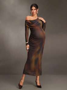Cheriluna Maternity Gaun Hamil Lengan Panjang Cokelat dengan Bahu Asimetris dan Gradasi Warna, Terbuat dari Kain Jaring Elastis, Cocok untuk Pesta Musim Semi dan Gugur, Pemotretan, Makan Malam Kehamilan, Elegan dan Chic. - MultiWarna - View 1