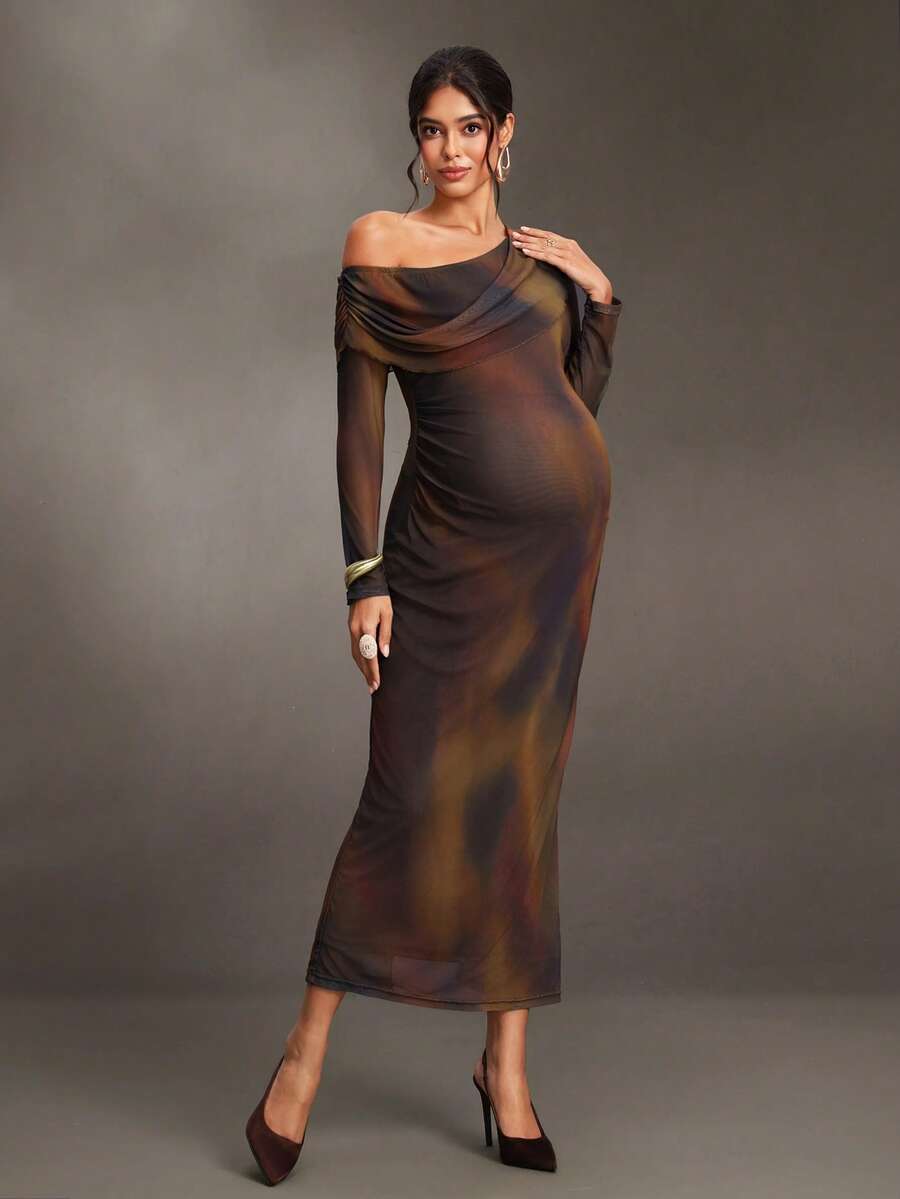 Cheriluna Maternity Gaun Hamil Lengan Panjang Cokelat dengan Bahu Asimetris dan Gradasi Warna, Terbuat dari Kain Jaring Elastis, Cocok untuk Pesta Musim Semi dan Gugur, Pemotretan, Makan Malam Kehamilan, Elegan dan Chic. - MultiWarna - View 1