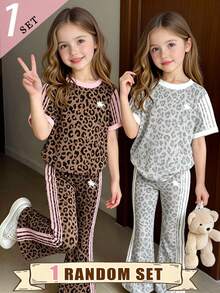 (1 RANDOM SET) Girls Cute Fresh Minimalist Blue Leopard Print Heart Pattern Basic Short T-Shirt And Flared Pants Set, Comfortable Daily Wear - Multicolor - View 1