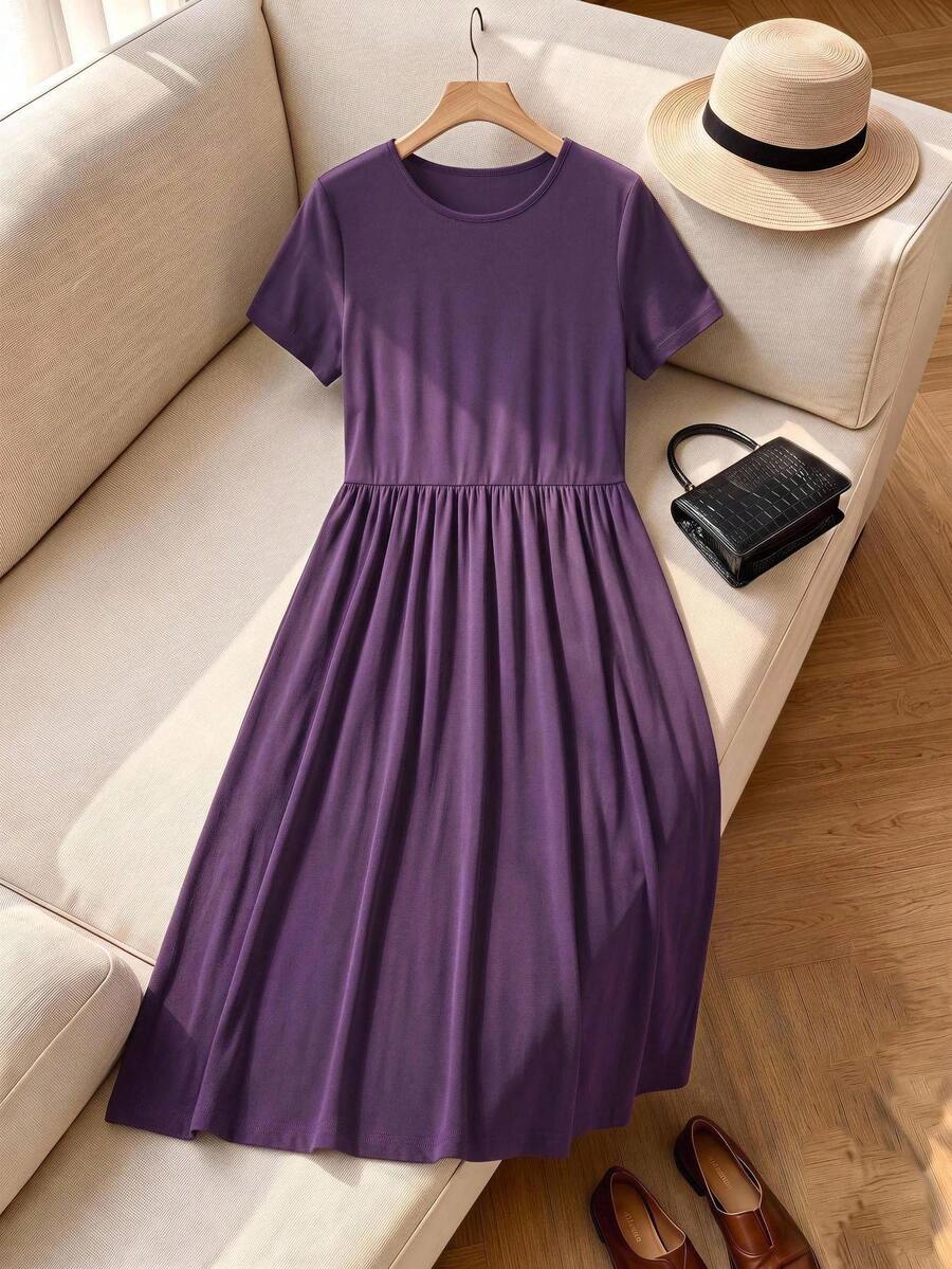 Rusticease Women's Simple Solid Color Short Sleeve Dress - Purple - View 1