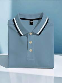 Calvornis Men's Contrast Color Casual Commute Short Sleeve Polo Shirt - Blue - View 5