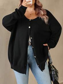 SHEIN CURVE+ Plus Size Women's Solid Color Raglan Sleeve Long Sleeve Casual Loose Knit Cardigan, Autumn/Winter - Black - View 5
