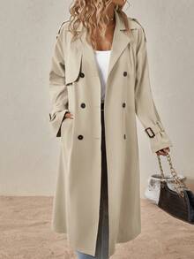 SHEIN Clasi Abrigo Trench con Manga Raglán, Doble Botonadura y Cinturón para Otoño/Invierno - Albaricoque - Ver 5