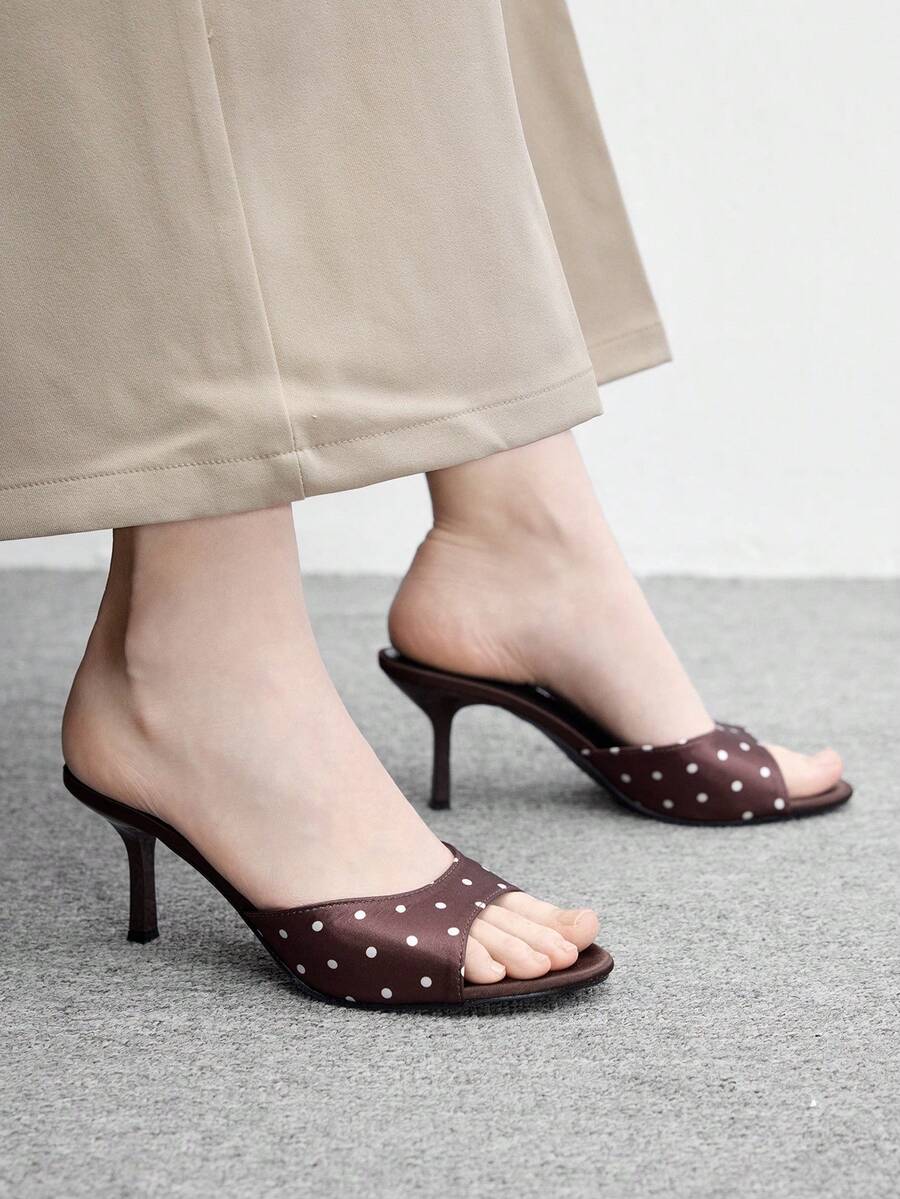 CUCCOO BIZCHIC 女款新款時尚百搭波點咖啡色高跟涼鞋,適合婚禮、通勤與約會穿搭 - 深咖/白1 - 查看 1