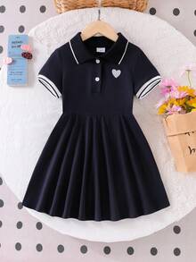 Elladie kids 女童翻领爱心印花Polo衫连衣裙，藏蓝色短袖针织收腰连衣裙，学院风可爱夏日连衣裙 - 寶藍色 - 查看 8