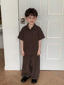 Hapijoa Young Boy Striped Polo Shirt And Straight Leg Pants Set - Brown - View 2