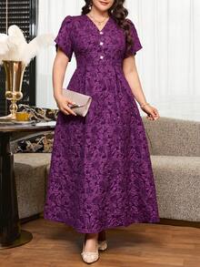 Reflora Plus Size Women's Jacquard V-Neck Petal Short Sleeve Elegant Dress - Ginger - View 7