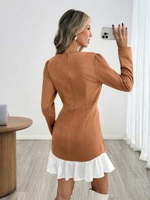 Easowa Women's Vintage Elegant Long Sleeve Ruffle Patchwork Dress For Business Office - Khaki - View 6