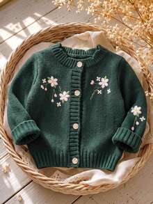 SHEIN Baby Girl Knitted Solid Color Embroidered Pattern Round Neck Casual Cardigan - Green - View 1