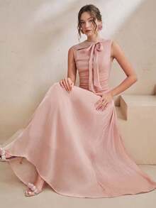Anewsta Elegant Women's New Party Banquet Lotus Pink Shiny Fabric Patchwork Neckline Tie Bow Sleeveless Waist-Cinching A-Line Long Dress - Dusty Pink - View 7