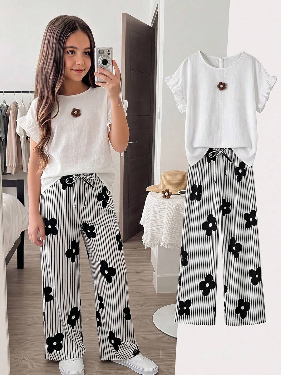 SHEIN Tween Girls T-Shirt Co-Ords Woven White Floral Print Cap Sleeve Round Neck T-Shirt And Striped Floral Print Straight Leg Long Pants Casual Set, Suitable For Daily Wear And Casual Vacation - Black and White - View 1