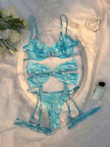 Seduluxe 4pcs Women's Sexy Lace Patchwork Lingerie Set - Baby Blue - View 2