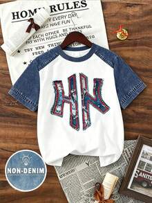 (1 Pc) Boys' Fashion Casual Minimalist Icon Red Trim Patchwork Graphic Basic Short Sleeve T-Shirt, Comfortable For All Seasons, Daily Wear - Multicolor - View 7