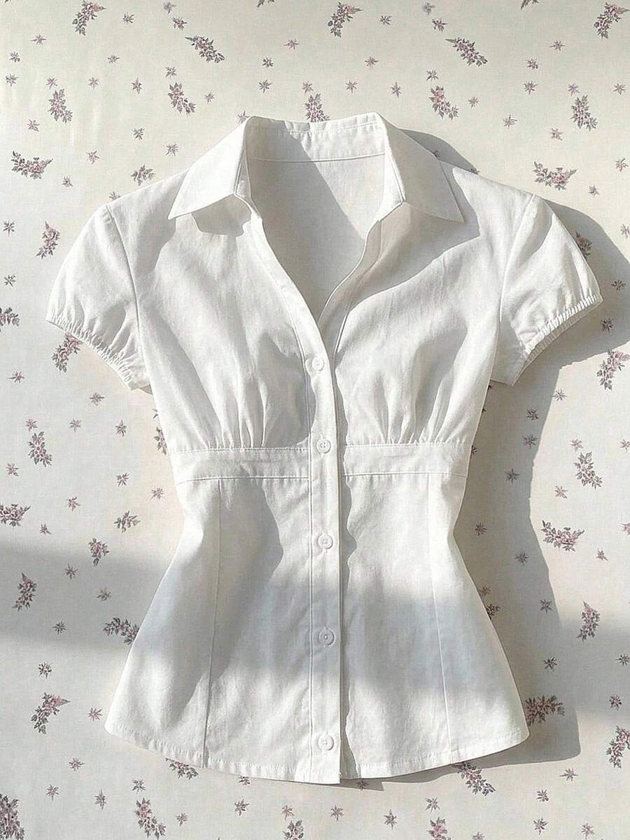 SHEIN 少女純色短袖單排扣休閒學院風襯衫 教師節校園白色夏季款 - 白色 - 查看 1