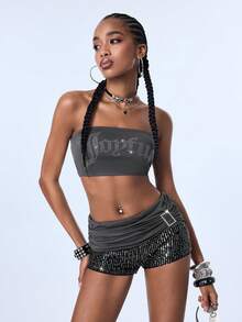 Y2Kool Dark Sexy Grey Gray Rhinestone Sequin Y2K Hot Girl Street Dark Punk Women's Tube Top Shorts 2 Pieces Set, Summer Fall, Party Night Out Rave, Halloween - Grey - View 4