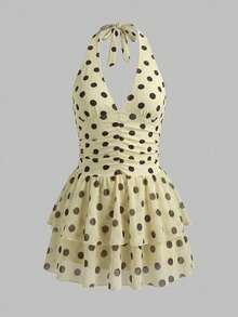 SHEIN Swim Women's Vintage 70s Cute Polka Dot Brown Halter Neck Cinched Waist Ruched Double Layer Skirt Swimsuit, Flattering Slimming Minimalist Sexy Vacation - Yellow - View 5