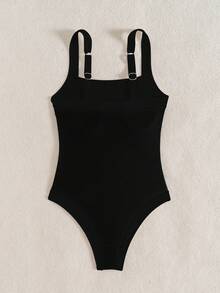 Swim Basics 2026春夏女款厚實可調肩帶純黑色拼接優雅修身連身比基尼泳衣，度假適用 - 黑色 - 查看 6