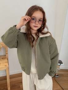 Dazy Kids Turn-Down Collar Contrast Color Thick Autumn/Winter Long Sleeve Cute Girls (Large) Cotton Padded Coat - Army Green - View 5