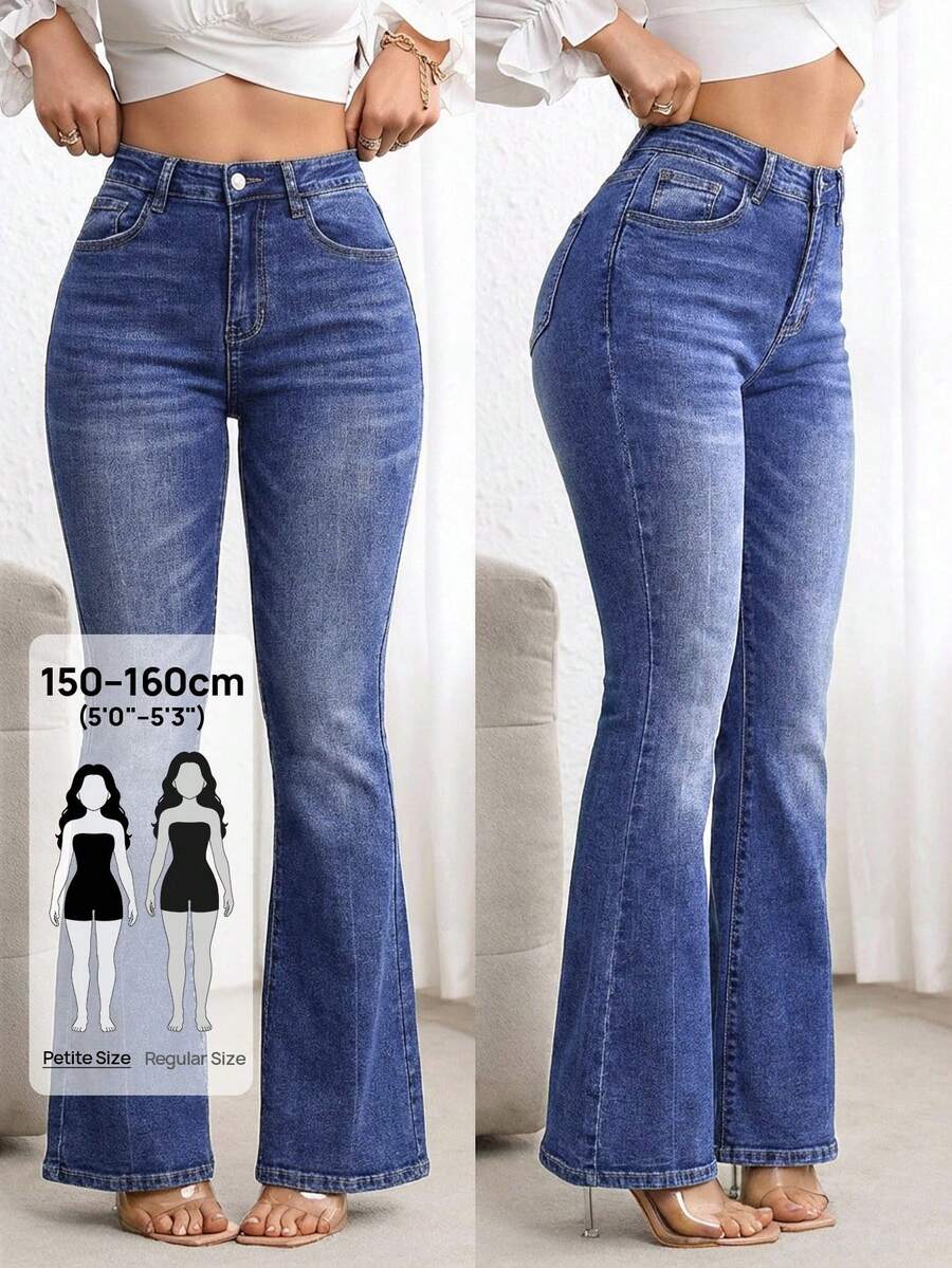 SHEIN PETITE 休閒水洗修身喇叭牛仔褲 - 藍色 - 查看 1