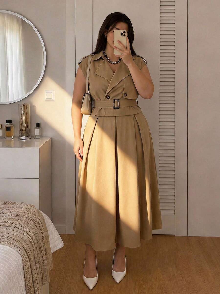 SHEIN MOD 大尺碼女款純色扣飾上衣與百褶裙休閒日常套裝 - 卡其色 - 查看 1