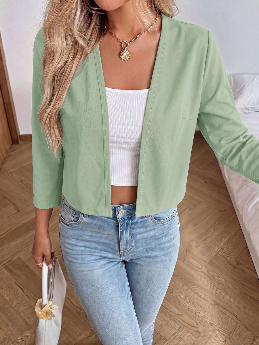 SHEIN LUNE Jaket Kerja Pendek Hitam Wanita, Pakaian Musim Semi, Gugur, dan Musim Dingin untuk Wanita - Mint Green - View 1