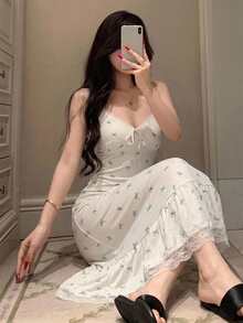 DAZY 蝴蝶結圖案蕾絲拼接修身無袖細肩帶短洋裝 夏季女款睡裙 - 白色 - 查看 3