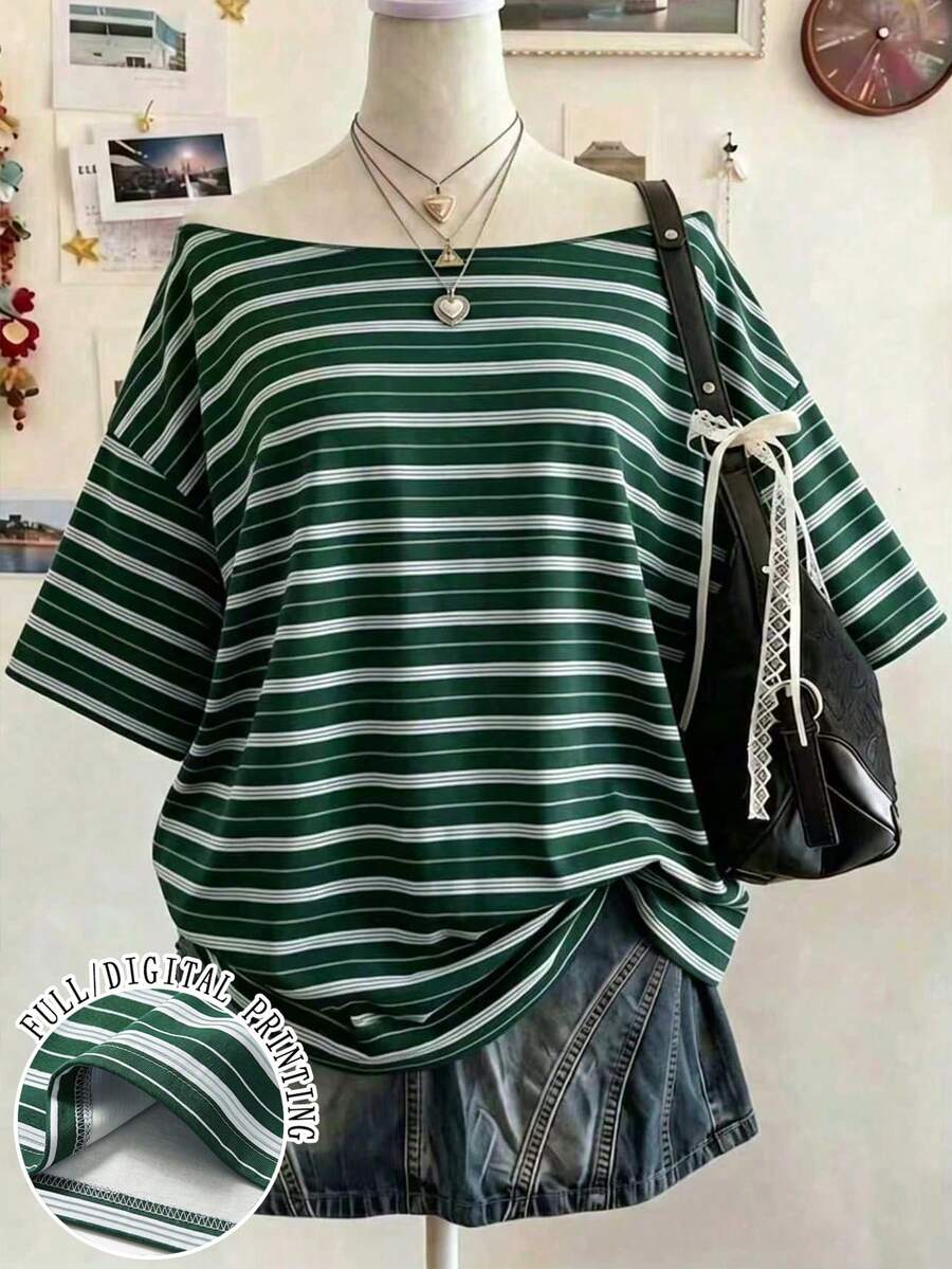 Lalippa Plus Size Casual Versatile Striped Colorblock Short Sleeve T-Shirt For Daily Wear - Multicolor - View 1