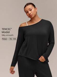 GLOWMODE Plus Size SoftCalm TENCEL™ Modal Getaway Glow Relaxed Fit One-Shoulder Long Sleeve With Asymmetrical Hem Daily Casual Fall - Black - View 1