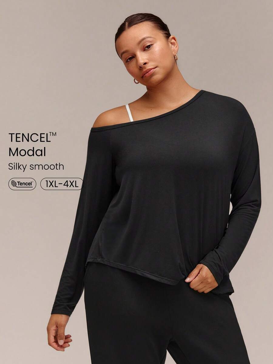 GLOWMODE Plus Size SoftCalm TENCEL™ Modal Getaway Glow Relaxed Fit One-Shoulder Long Sleeve With Asymmetrical Hem Daily Casual Fall - Black - View 1