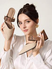 CUCCOO CHICEST Spring And Summer New Linen Pointed Toe Women's High Heels Shoes Mule Shoes Leather Buckle Thick Heel Slouchy Shoes Retro Casual Dating Party Fall Shoes - Brown - View 6