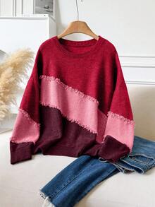 CosyJoli Plus Size Casual Cat Whisker Tassel Color Block Crew Neck Pullover Sweater Autumn Winter Clothes For Women - Red - View 1