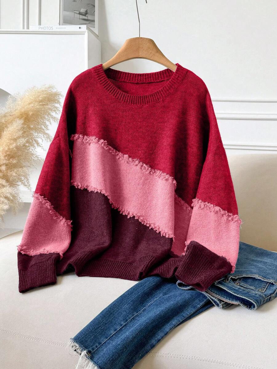 CosyJoli Plus Size Casual Cat Whisker Tassel Color Block Crew Neck Pullover Sweater Autumn Winter Clothes For Women - Red - View 1