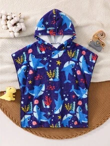 SHEIN 兒童男童休閒法蘭絨卡通海洋與動物印花寬鬆連帽泳裝罩衫，適合海灘、水療、游泳、度假 - 藍色 - 查看 4