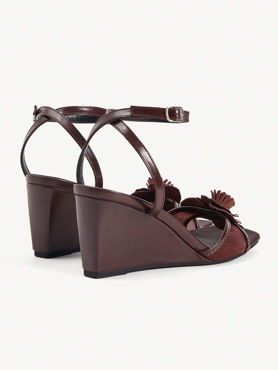 CUCCOO CHICEST Brown Mesh Splicing Three-Dimensional Flower Square Toe Wedge Heel Sandals Women's Summer Buckle High Heels