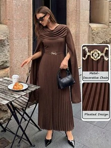Modelyn Women's Solid Color Metal Decor Ruched Waist Long Sleeve Side Slit Deep Brown Dress, Elegant For Parties And Various Occasions - Dark Brown - View 5