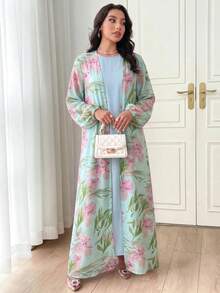 Al Najma 2件組女款春夏花卉印花燈籠袖開襟衫與純色圓領洋裝優雅套裝 - 彩色 - 查看 6