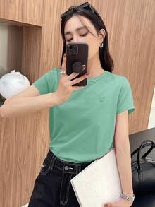 DAZY Loose Casual Solid Color Embroidered Heart Pattern Short Sleeve Women's T-Shirt - Lime Green - View 2