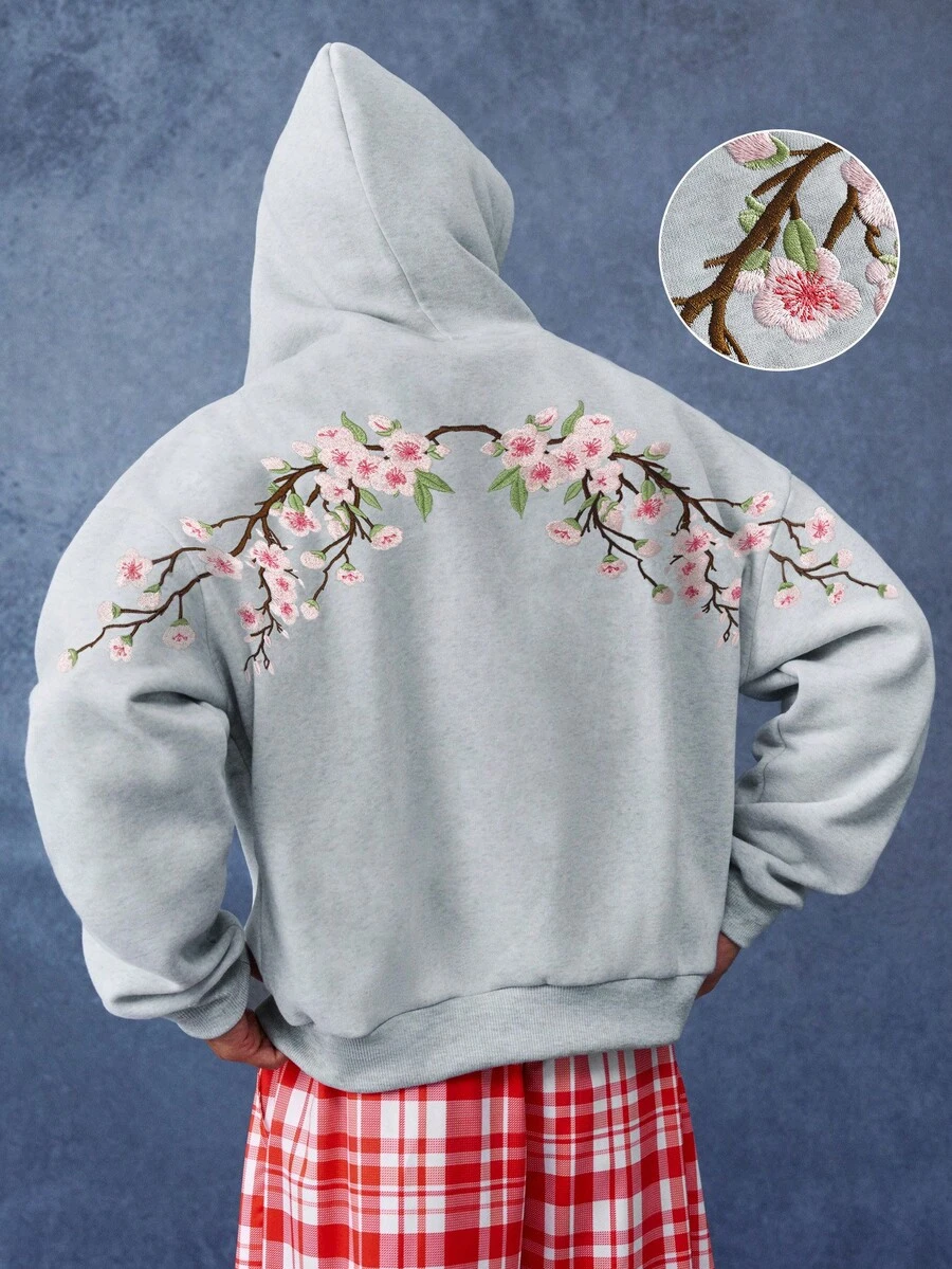 PAVTROS Men's Floral Embroidered Long Sleeve Casual Hoodie - Grey - View 1